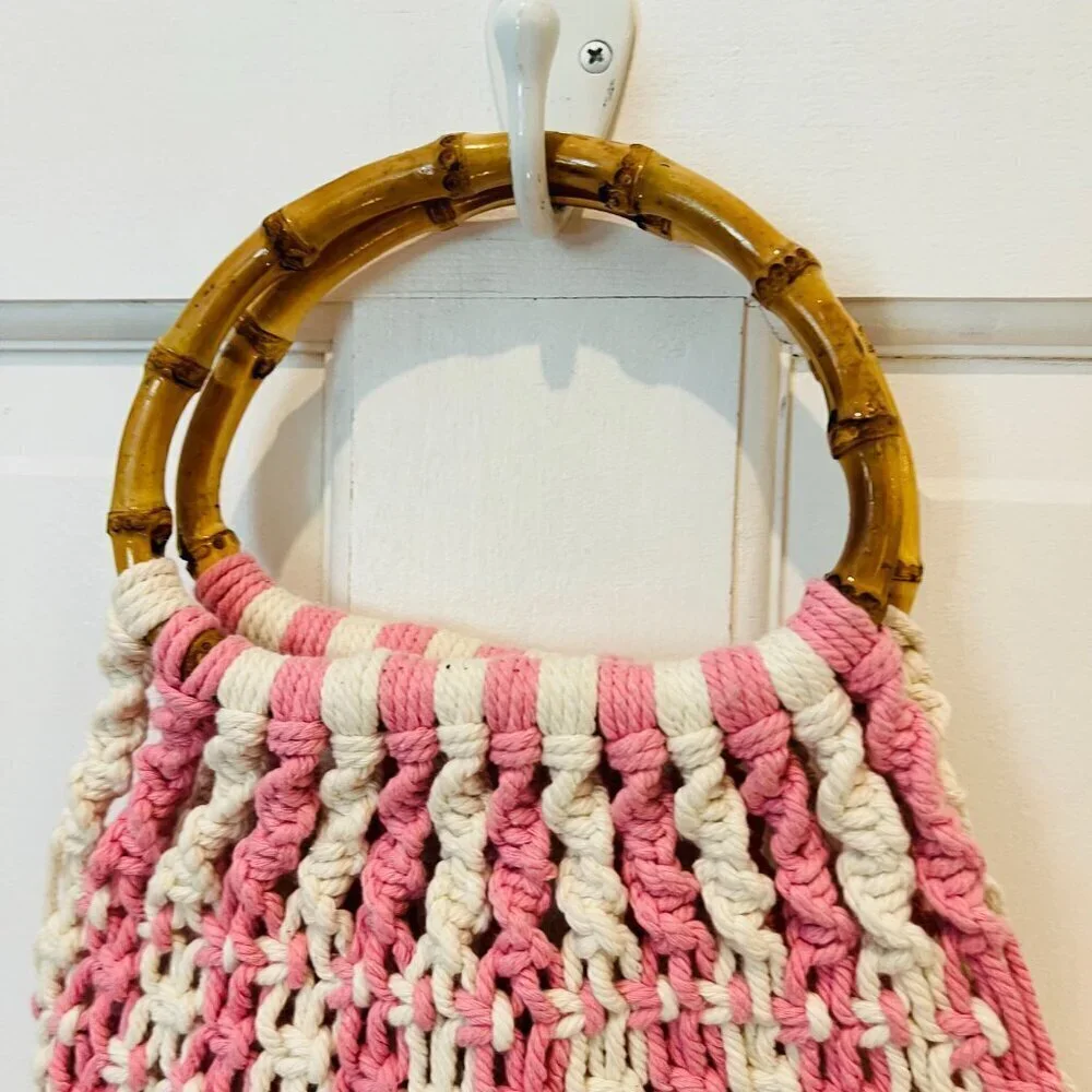Vintage 70s Macrame Market Bag, Crochet Hobo Handbag, Handwoven Purse w Bamboo